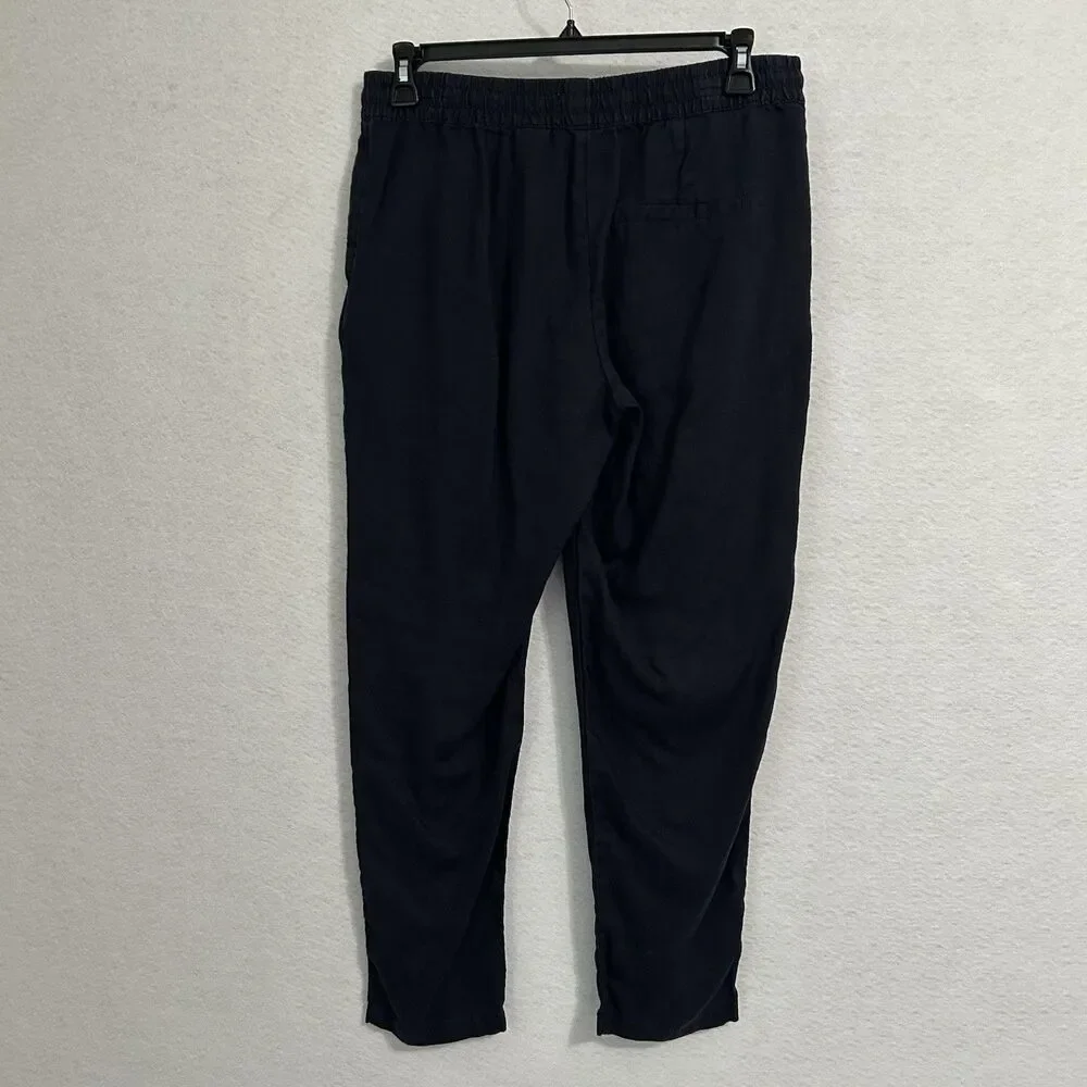H&M Pants Women 10 Navy Linen Drawstring Elastic Taper Pocket Comfy Beachy Boho